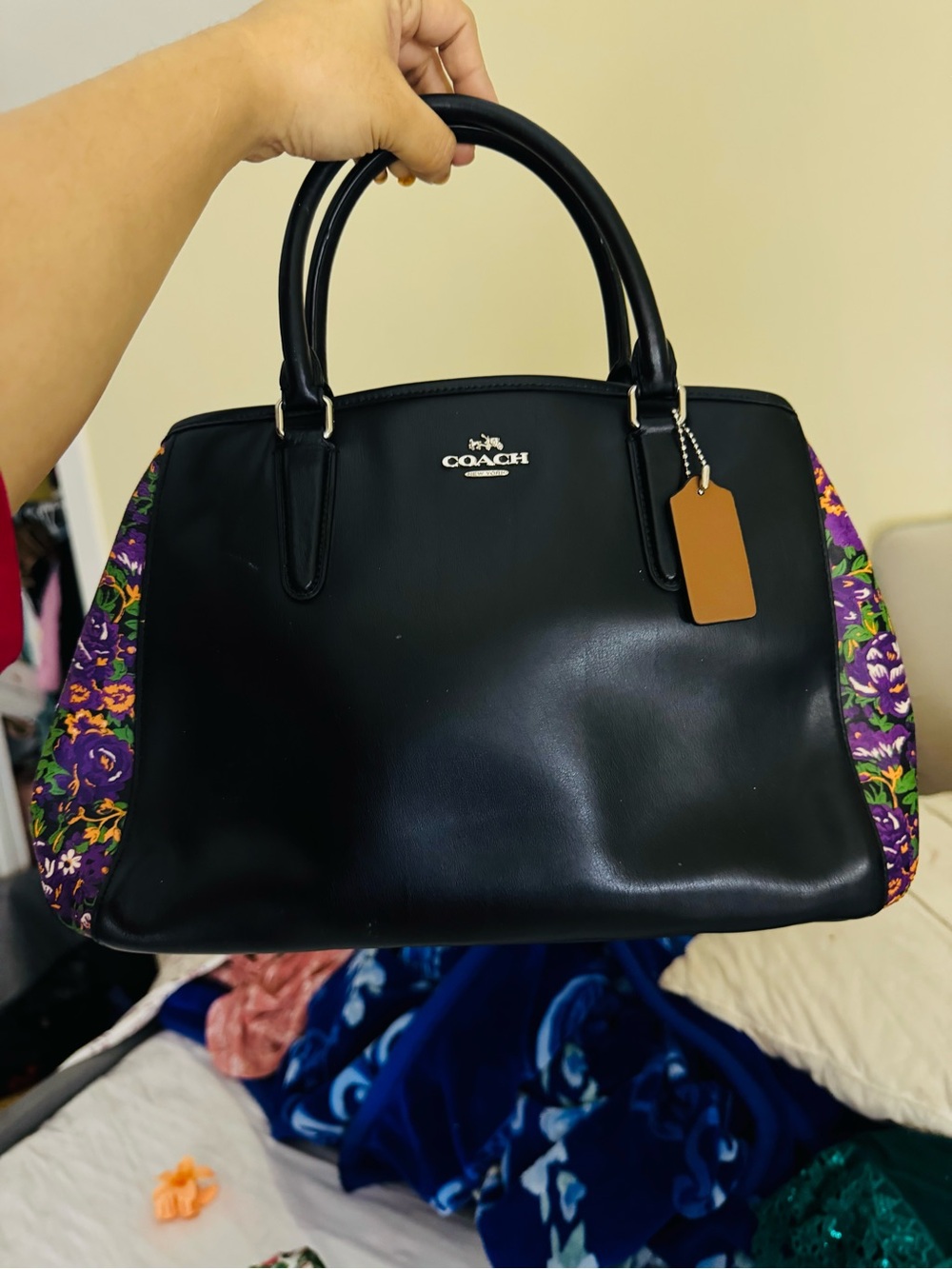 COACH Black Leather Satchel with Purple Floral Accents